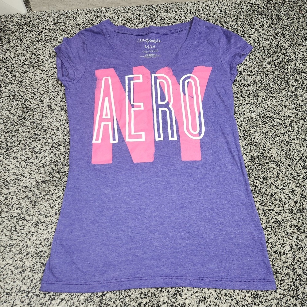 Vtg Y2k Aeropostale V Neck Short Sleeve T-Shirt Sz M Purple Pink Mallcore Preppy